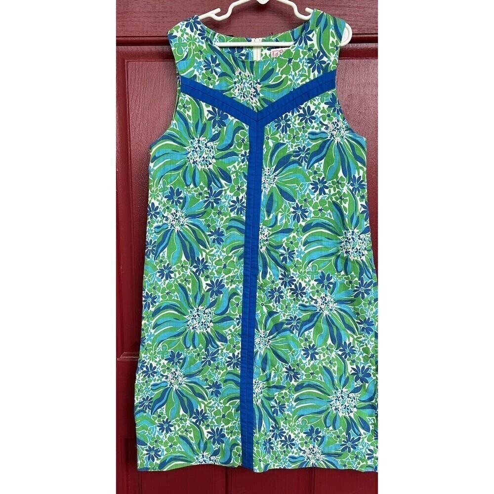 Lilly Pulitzer Green & Blue Floral Sleeveless Shift Dress with Royal Trim
